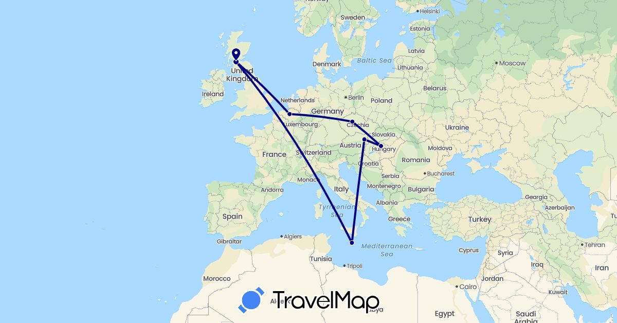 TravelMap itinerary: driving in Austria, Belgium, Czech Republic, United Kingdom, Hungary, Malta (Europe)